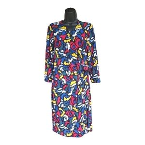 Anne Klein Multi Color Abstract Long Sleeve Faux Wrap Dress Size S